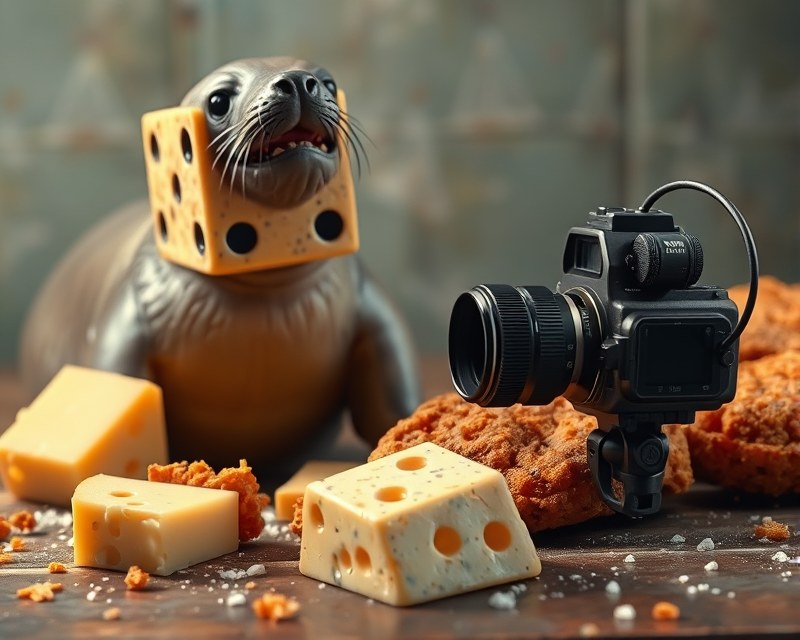 dice, seal, cheese, fried chicken, camera